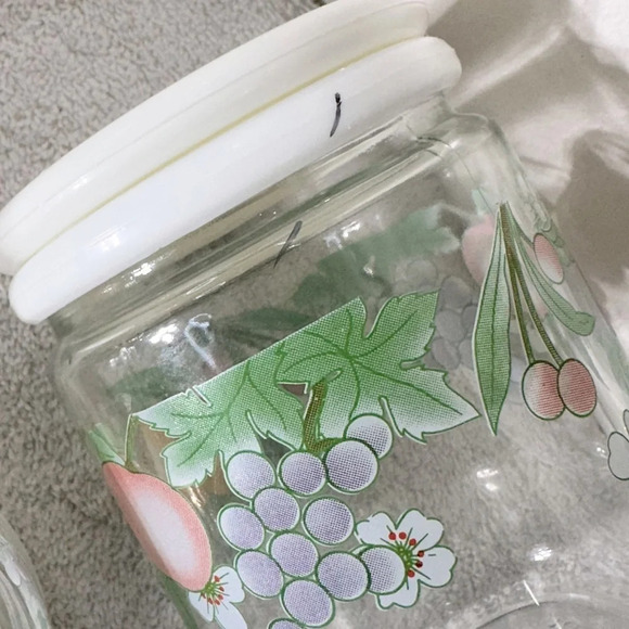 Vintage 80s KIG Indonesia Glass  Fruit Flower Canister Set (3) - Picture 8 of 13